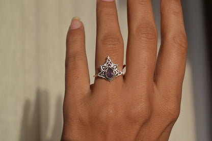 Boho Garnet Teardrop Ring in 925 Silver – Lotus Filigree Adjustable Statement Ring