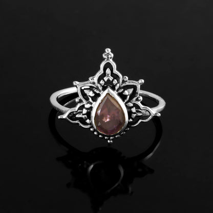 Boho Garnet Teardrop Ring in 925 Silver – Lotus Filigree Adjustable Statement Ring