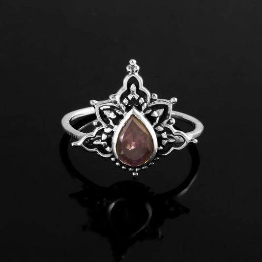 Boho Garnet Teardrop Ring in 925 Silver – Lotus Filigree Adjustable Statement Ring