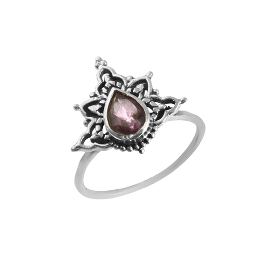 Boho Garnet Teardrop Ring in 925 Silver – Lotus Filigree Adjustable Statement Ring