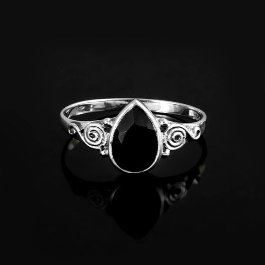 Teardrop Black Onyx Ring with Vintage Scroll Detailing