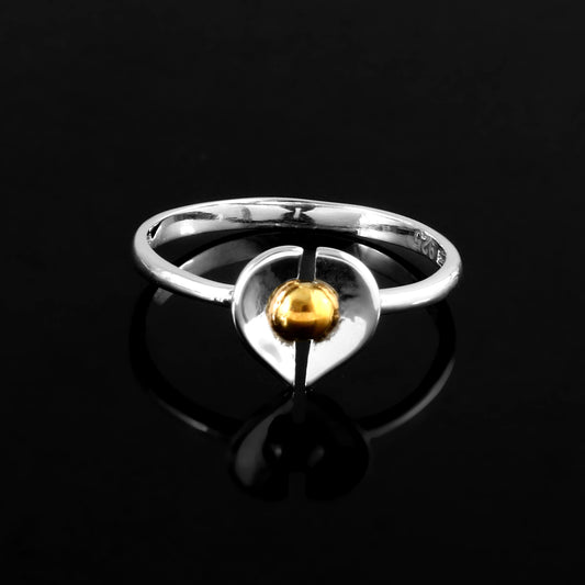 Silver Heart Ring with Golden Center – Dual Tone Designer Band