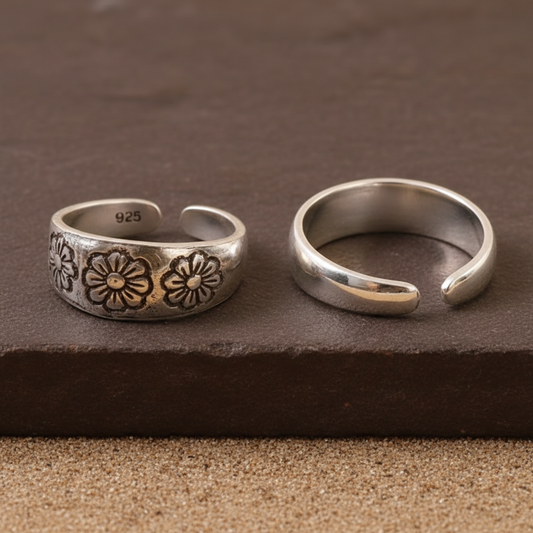 925 Silver Adjustable Wide Band Toe Ring with Engraved Floral Motif – Boho Ethnic Foot Jewelry