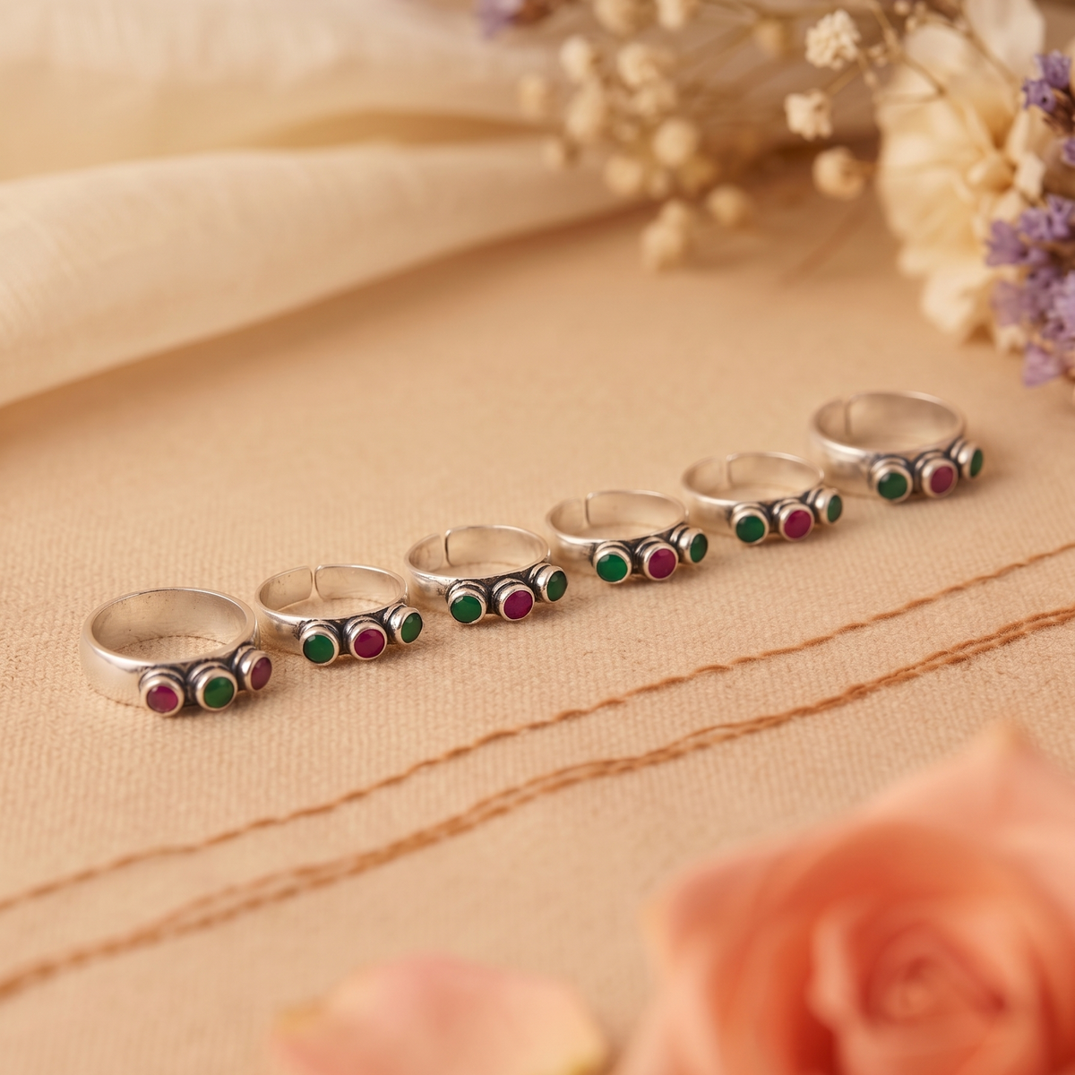 Kavya Pink & Green Toe Rings