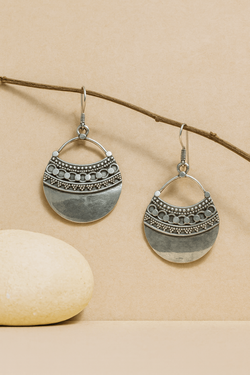 Aahana Earrings – Oxidised 925 Silver Tribal Half - Moon Dangle Earrings - Zirak Silver