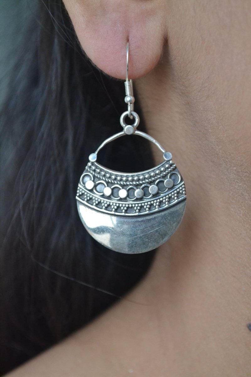 Aahana Earrings – Oxidised 925 Silver Tribal Half - Moon Dangle Earrings - Zirak Silver