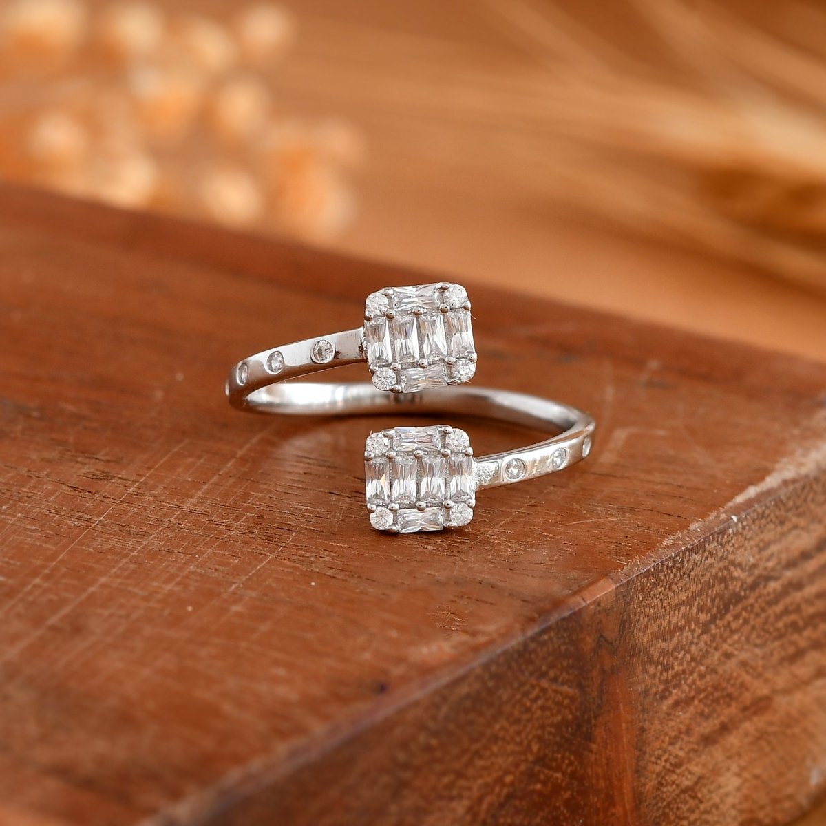 Adjustable Baguette - CZ Double - Head Sterling Silver Open Ring for Women - Zirak Silver