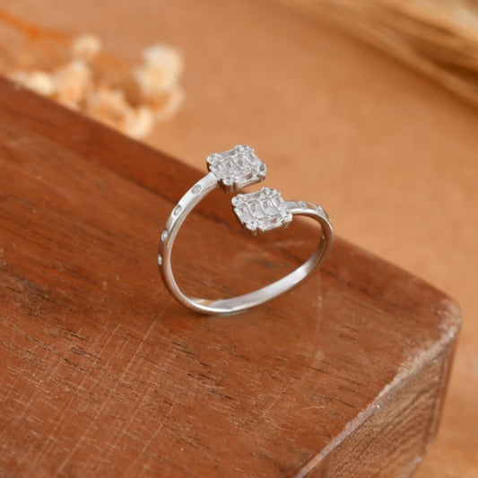 Adjustable Baguette - CZ Double - Head Sterling Silver Open Ring for Women - Zirak Silver