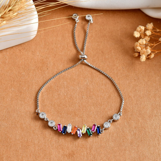 Adjustable Rainbow Baguette CZ Bolo Bracelet in 925 Sterling Silver with Bezel Accents - Zirak Silver