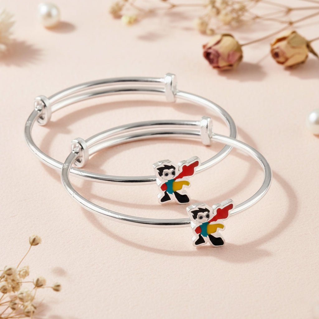 Adjustable Silver Kids Bracelet Pair with Colorful Cartoon Charm - Zirak Silver