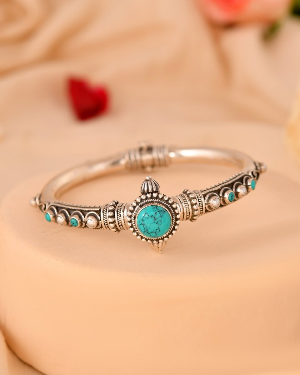 Ahana Turquoise Antique Silver Kada - Zirak Silver