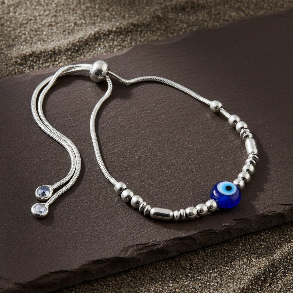 Amaanat Bracelet – 925 Silver Evil Eye Charm Bracelet with Silver Beads - Zirak Silver