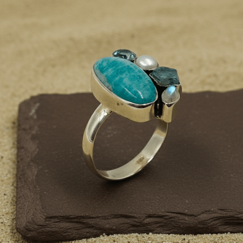 Amazonite & Moonstone Cluster Artisan Silver Ring - Zirak Silver