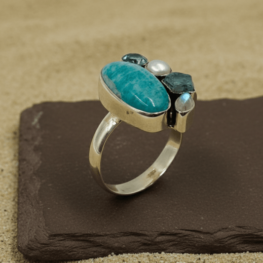 Amazonite & Moonstone Cluster Artisan Silver Ring - Zirak Silver