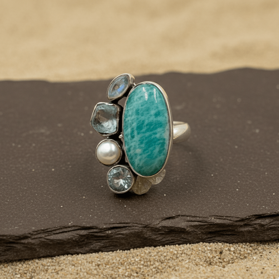 Amazonite & Moonstone Cluster Artisan Silver Ring - Zirak Silver