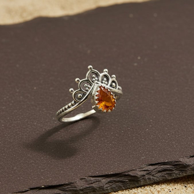 Amber Glow Crown Silver Ring - Zirak Silver