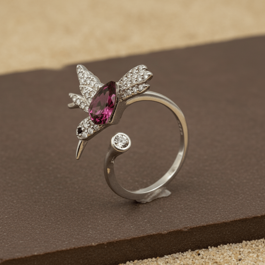 Amethyst Hummingbird Sparkle Silver Ring - Zirak Silver