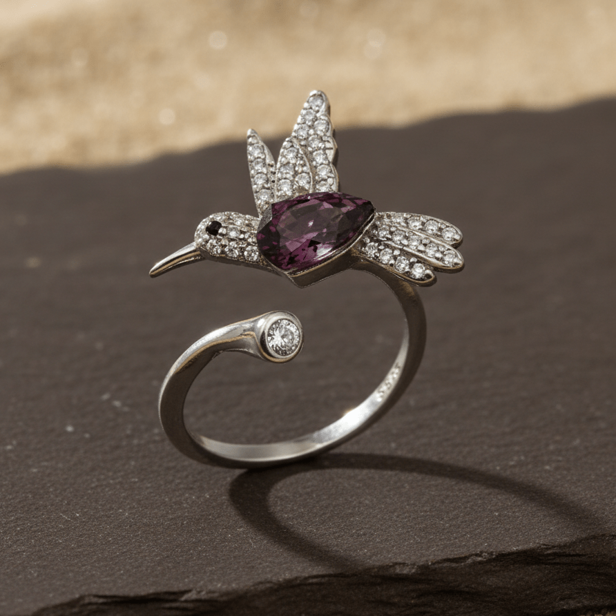 Amethyst Hummingbird Sparkle Silver Ring - Zirak Silver