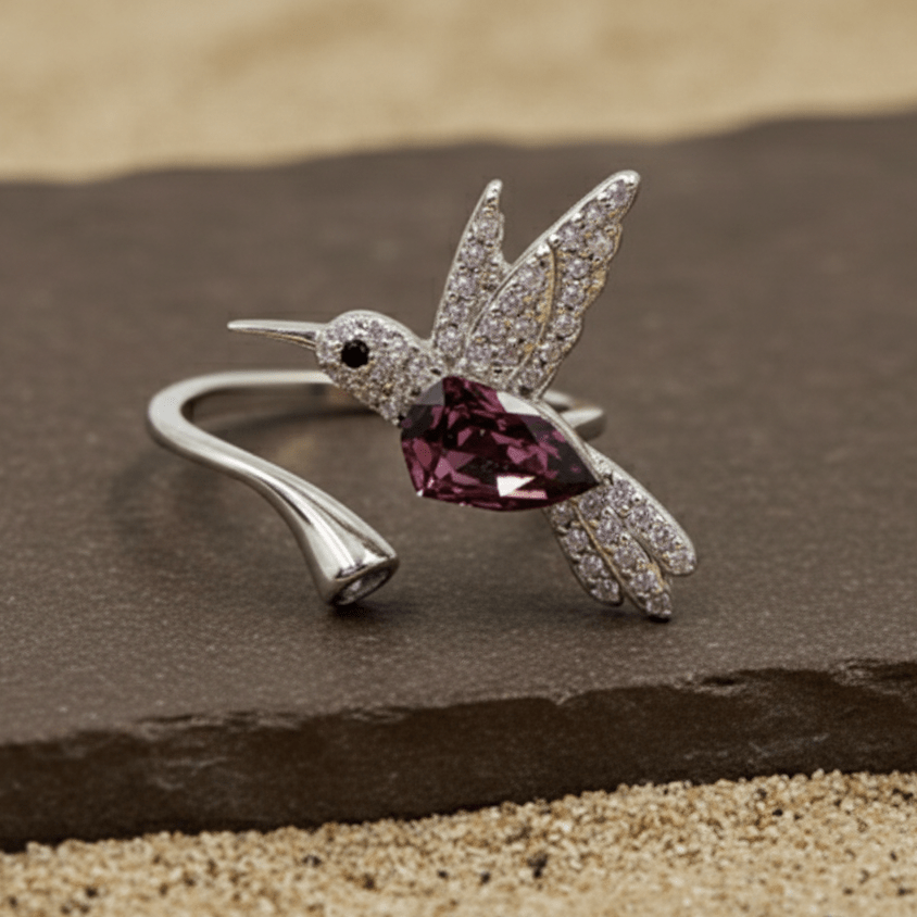 Amethyst Hummingbird Sparkle Silver Ring - Zirak Silver