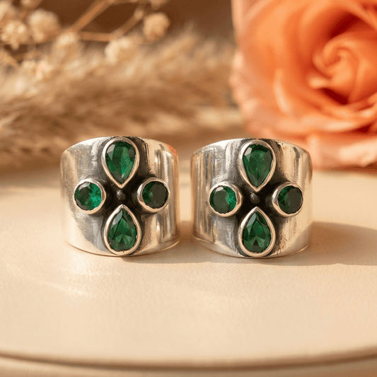 Amika Green Floral Wide Toe Rings (Large) - Zirak Silver