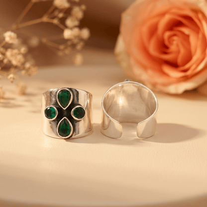 Amika Green Floral Wide Toe Rings (Large) - Zirak Silver