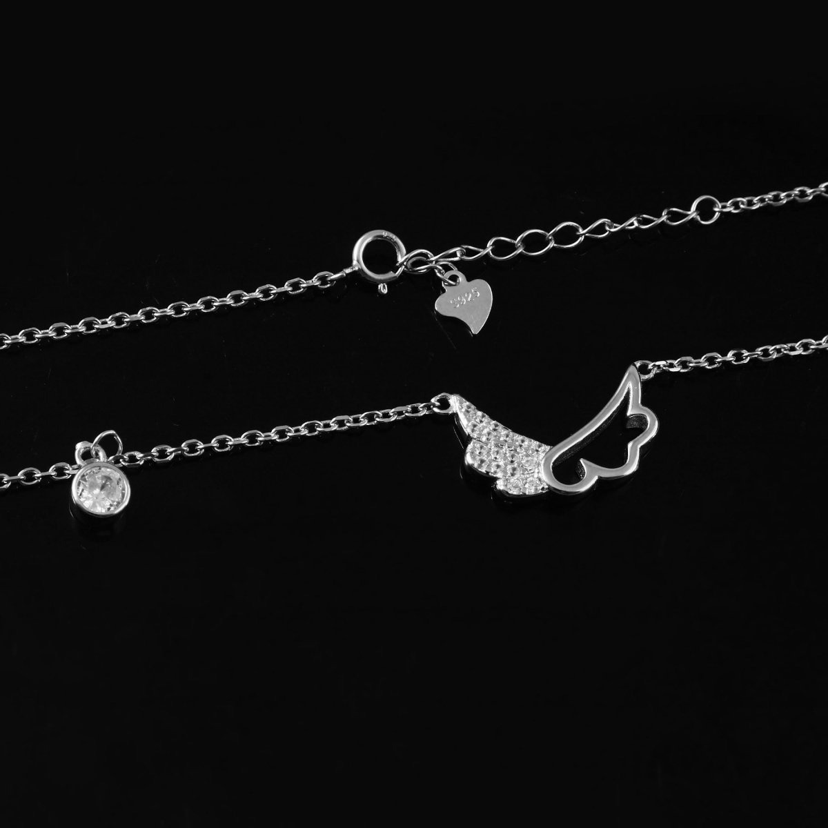 Angel Wing Heart Charm Silver Chain – 925 Sterling Zircon Necklace - Zirak Silver