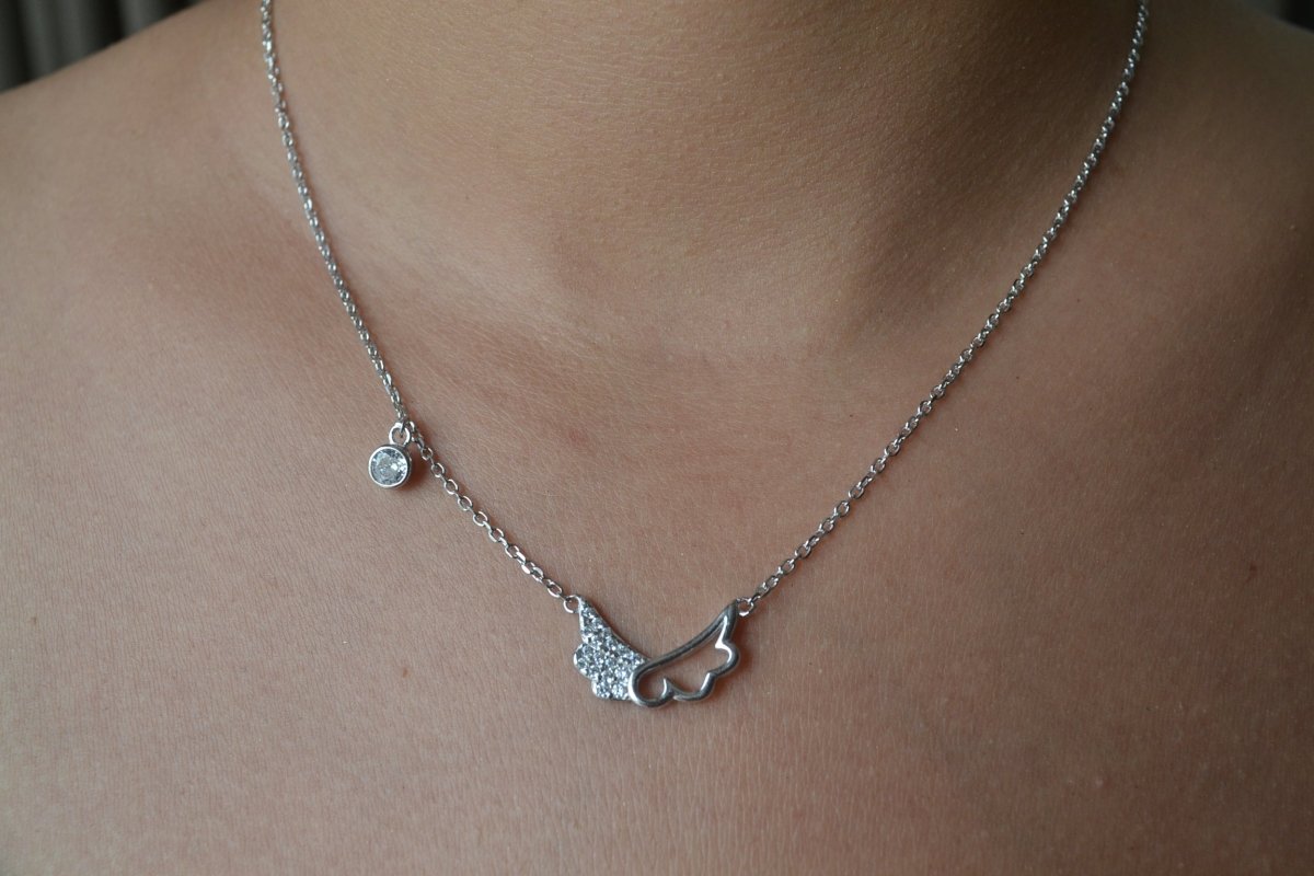 Angel Wing Heart Charm Silver Chain – 925 Sterling Zircon Necklace - Zirak Silver