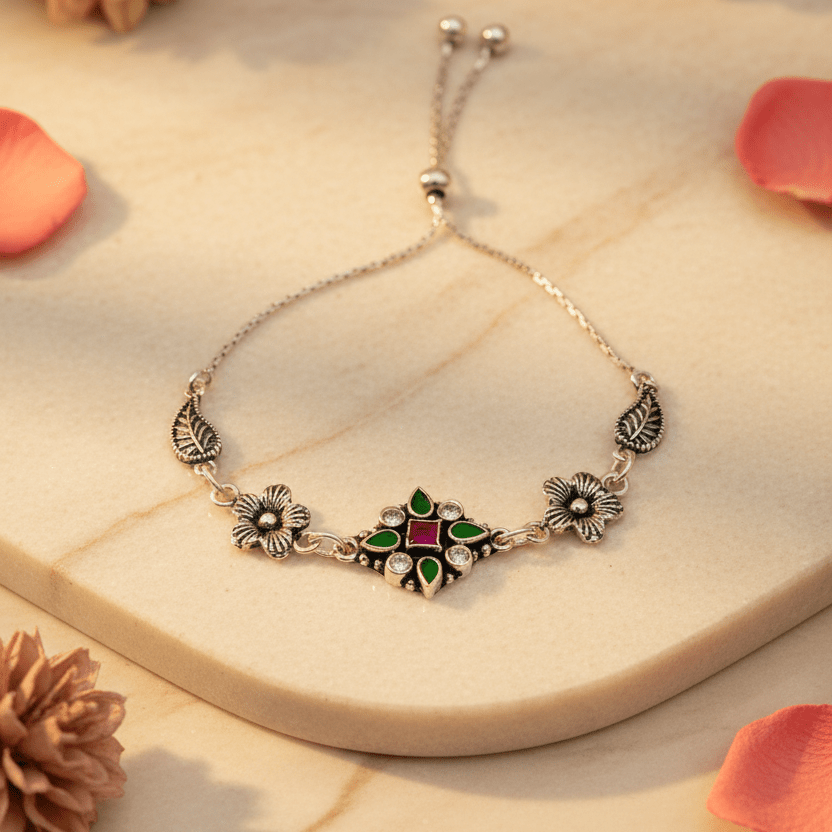 Anika Botanical Geometric Slider Bracelet - Zirak Silver