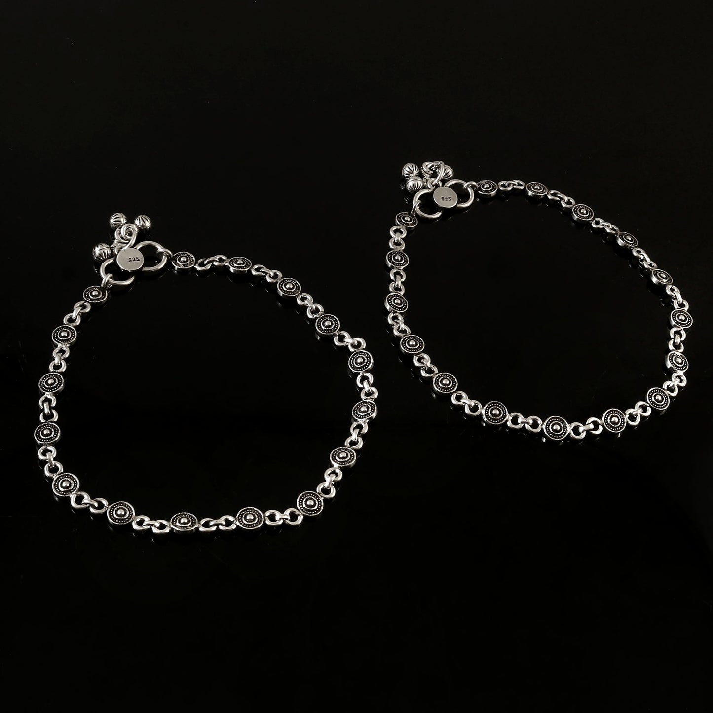 925 Oxidised Silver Tribal Disc Anklet Pair | Handmade Payal Set