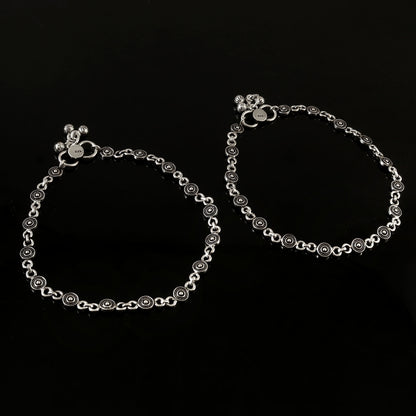 925 Oxidised Silver Tribal Disc Anklet Pair | Handmade Payal Set