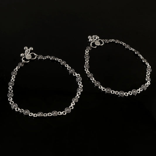 925 Oxidised Silver Tribal Disc Anklet Pair | Handmade Payal Set