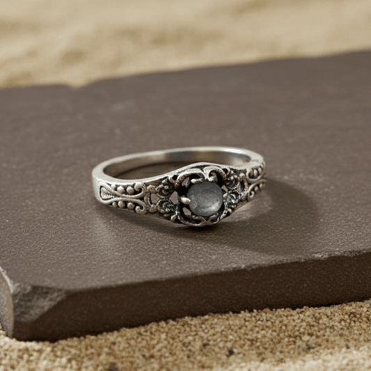 Antique Midnight Stone Oxidized Silver Ring - Zirak Silver