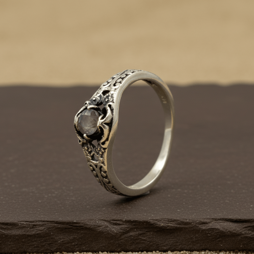 Antique Midnight Stone Oxidized Silver Ring - Zirak Silver