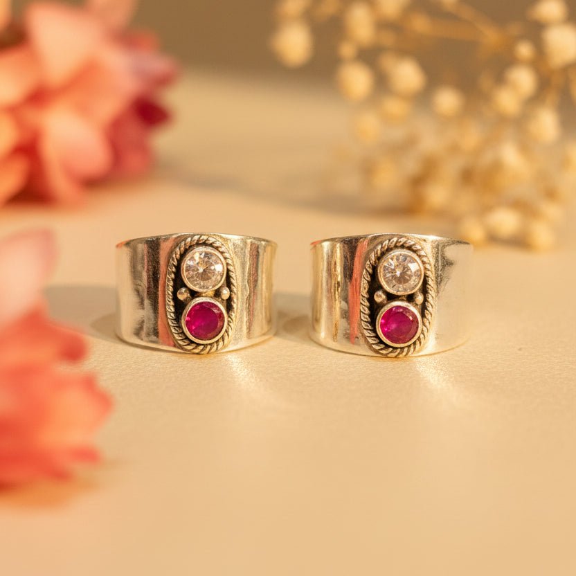 Anya Clear & Red Wide Toe Rings (Medium) - Zirak Silver