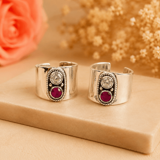 Anya Clear & Red Wide Toe Rings (Medium) - Zirak Silver