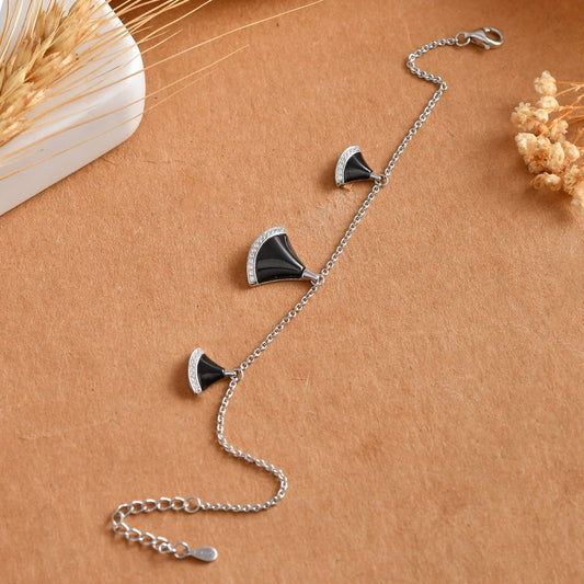 Art - Deco Black Fan Charm Bracelet in 925 Sterling Silver with Pavé CZ Accents - Zirak Silver