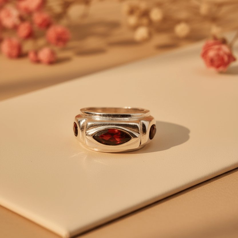 Arun Chunky Garnet Ring - Zirak Silver