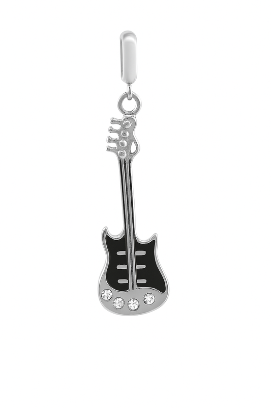 Sterling Silver Black Enamel Guitar Charm for Bracelets
