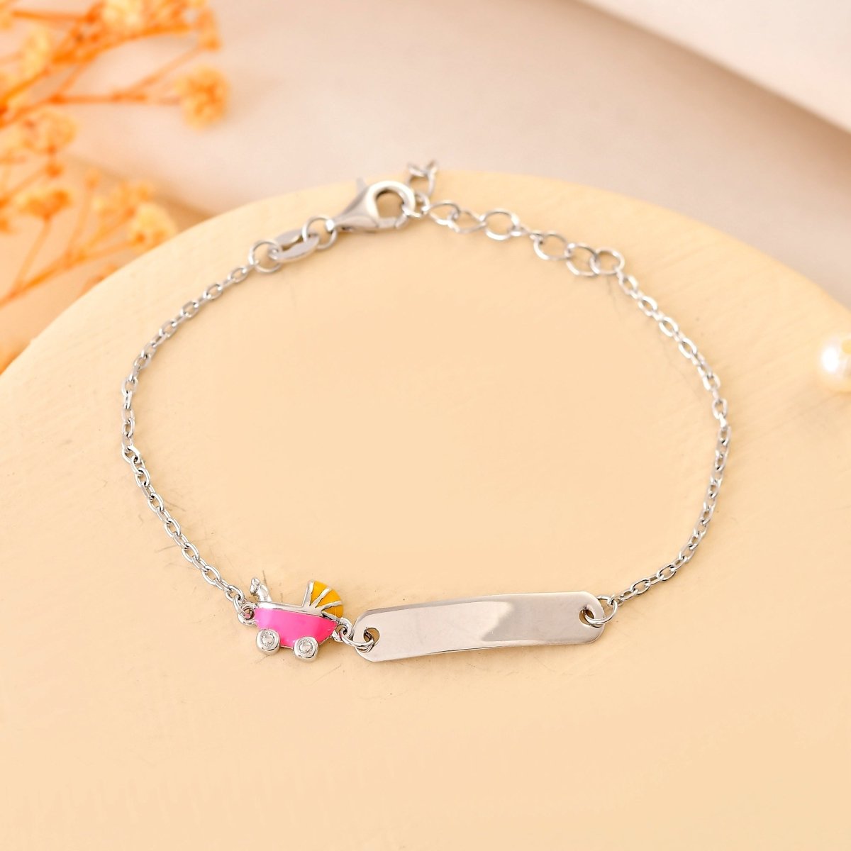 Baby - Pram Sterling - Silver ID Bracelet | Engravable Name Plate & Adjustable Chain - Zirak Silver
