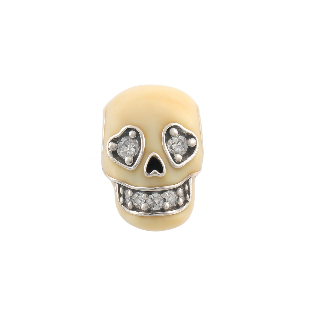 925 Sterling Silver Skull Bead Charm with Heart Eyes & Crystal Smile – Ivory Enamel Finish
