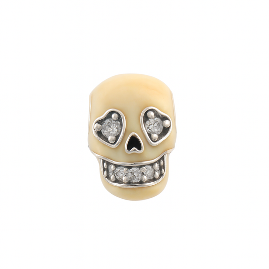 925 Sterling Silver Skull Bead Charm with Heart Eyes & Crystal Smile – Ivory Enamel Finish
