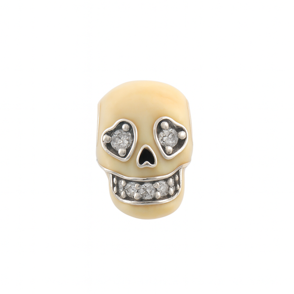 925 Sterling Silver Skull Bead Charm with Heart Eyes & Crystal Smile – Ivory Enamel Finish