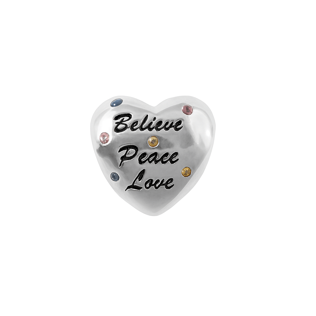 Believe Peace Love Heart Charm – Engraved Inspirational Bead with Colorful Crystals - Zirak Silver