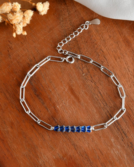 Blue - Baguette Bar Sterling - Silver Paperclip Bracelet | Adjustable Chain Link - Zirak Silver