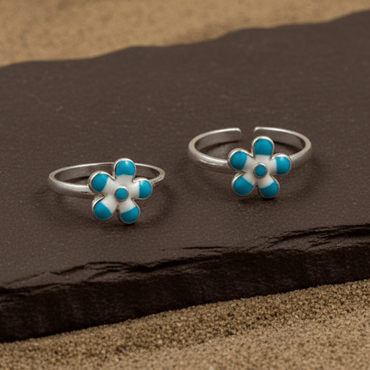 Blue Daisy Enamel 925 Silver Toe Ring - Zirak Silver