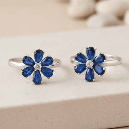 Blue Flower Silver Toe Ring | 925 Sterling Silver Adjustable Floral Toe Ring for Women - Zirak Silver
