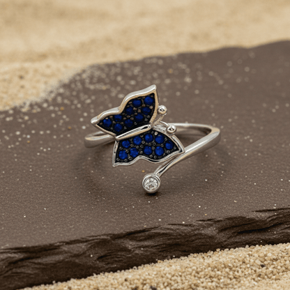 Blue Sapphire Butterfly Adjustable Ring - Zirak Silver