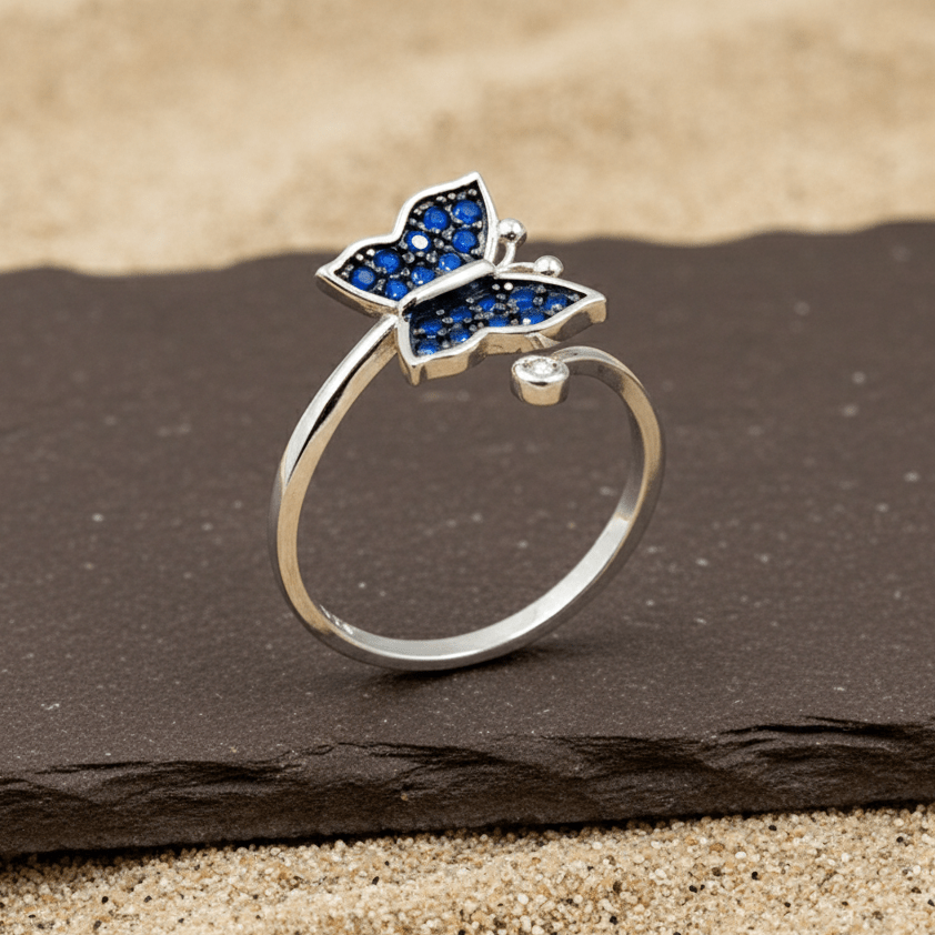 Blue Sapphire Butterfly Adjustable Ring - Zirak Silver