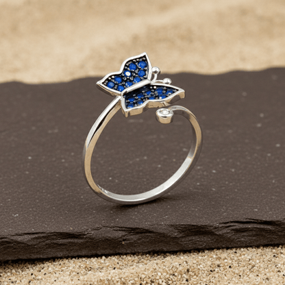 Blue Sapphire Butterfly Adjustable Ring - Zirak Silver