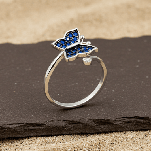 Blue Sapphire Butterfly Adjustable Ring - Zirak Silver